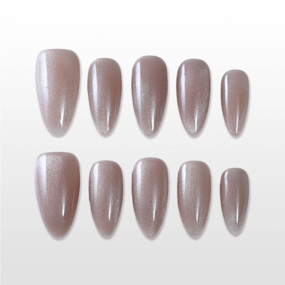 Handmade nude glossy press on nails in almond shape, minimalist design