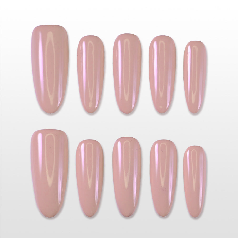 Handmade nude pink press on nails with glossy pearl finish, almond shape