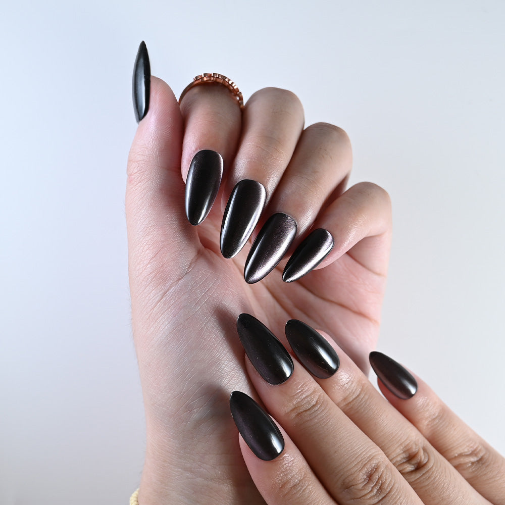 Handmade medium black press on nails with metallic shine, reusable salon style