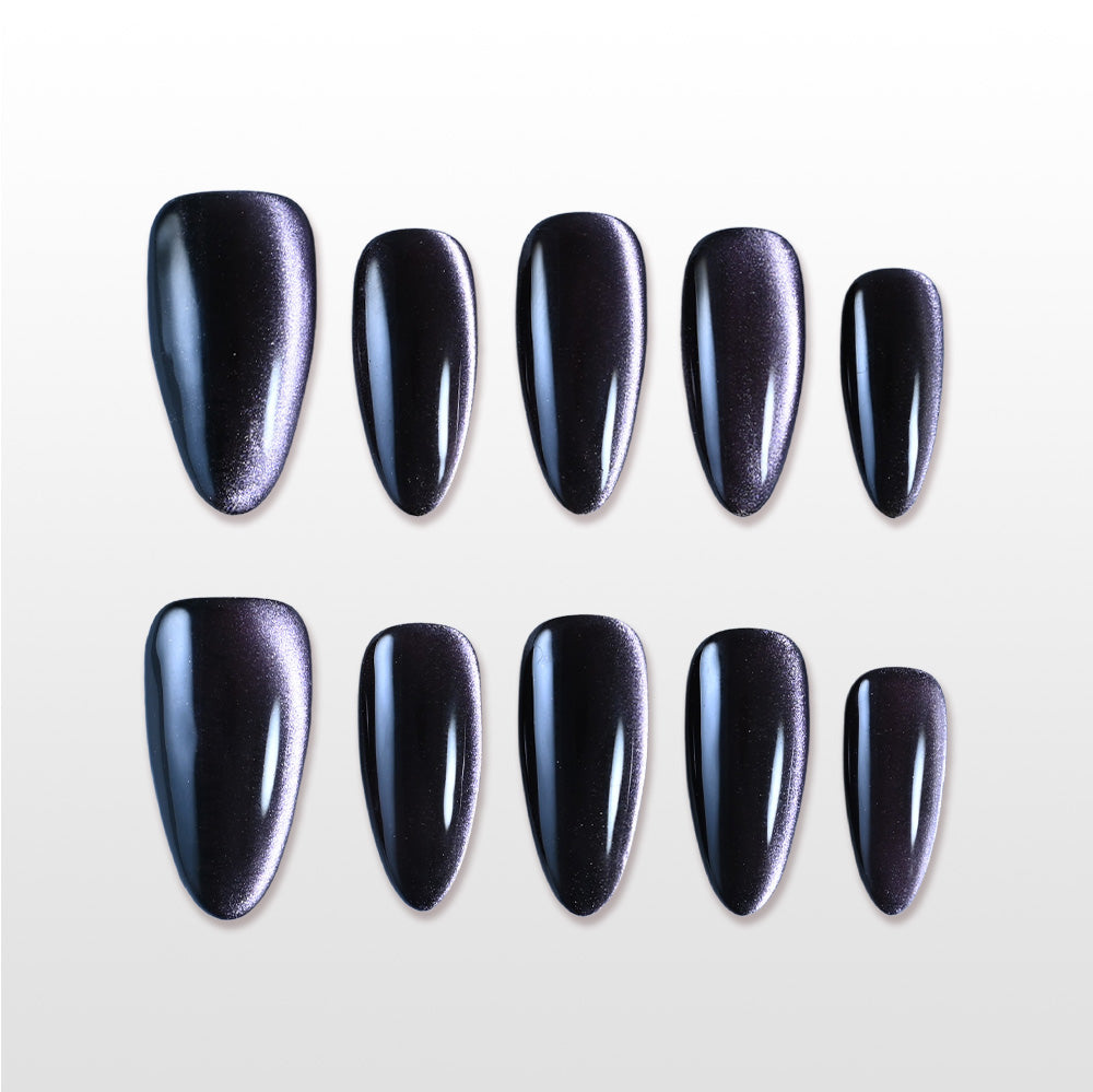 Charmeenail black cat eye press on nails, glossy magnetic shimmer design