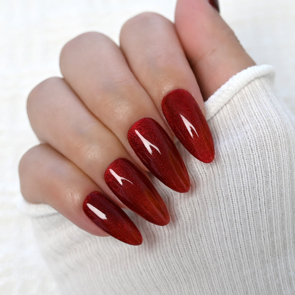 Charmeenail red glitter press on nails, glossy medium almond design