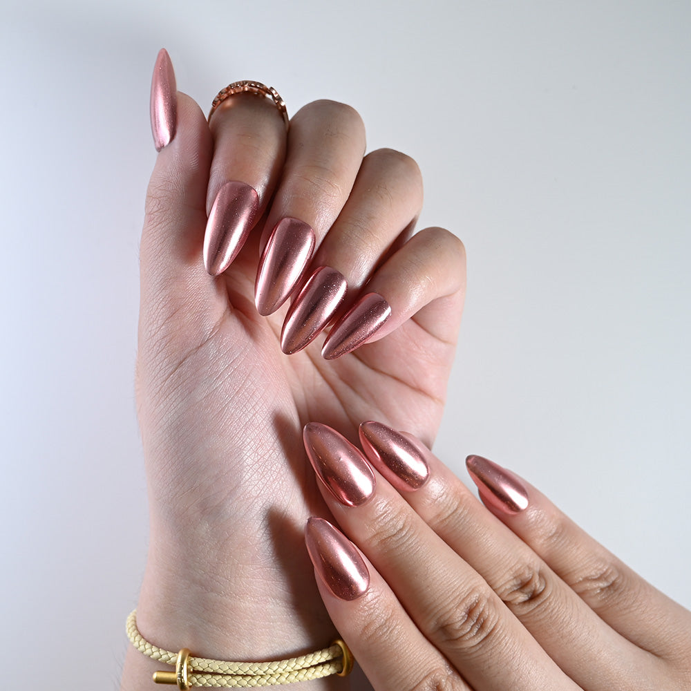 Shiny chrome rose pink nails, sturdy and elegant press ons