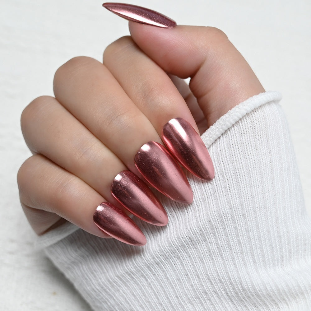 Charmeenail rose gold chrome press on nails, glossy medium almond shape