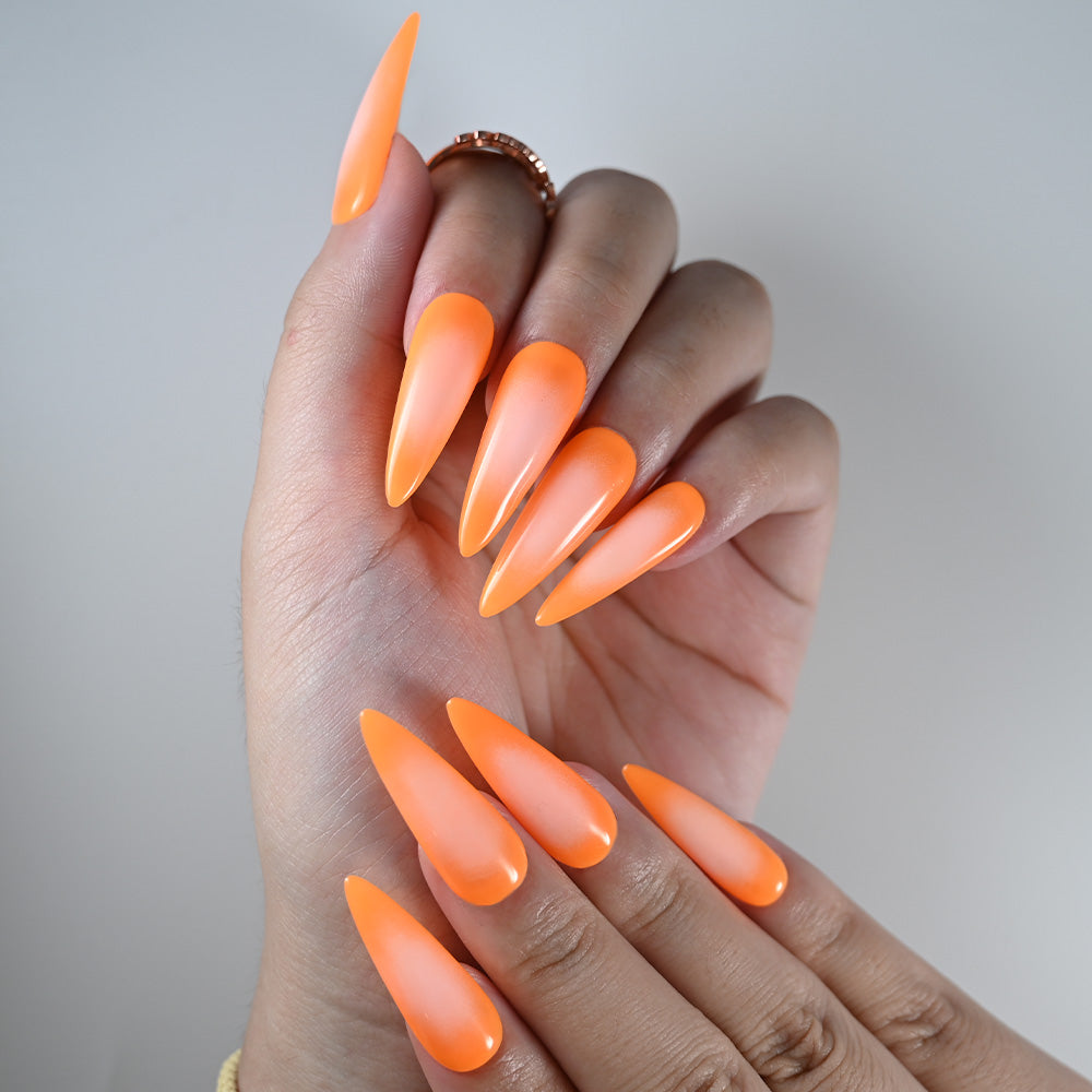 Reusable orange gradient press on nails, chic fall manicure