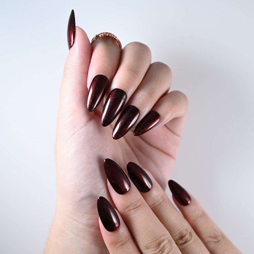 Luxury dark ruby red press on nails, reusable and sturdy