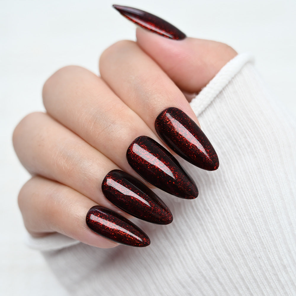 Charmeenail dark red glitter press on nails, medium almond shape