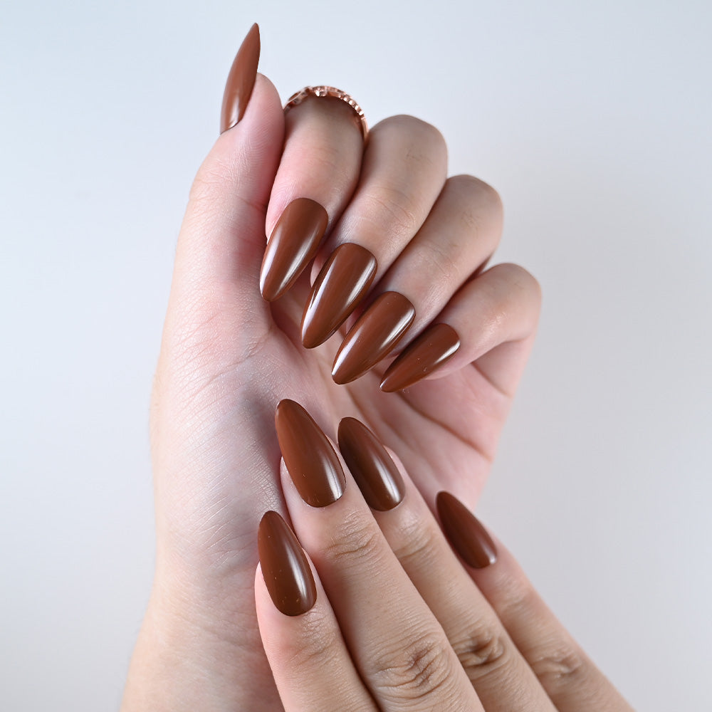 Glossy brown medium press on nails, salon quality