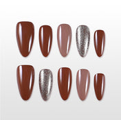 Coffee brown almond nails mixed with silver sparkle