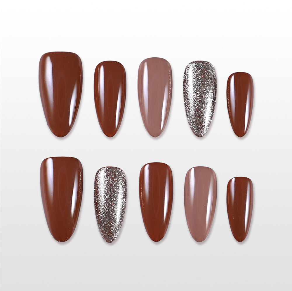 Coffee brown almond nails mixed with silver sparkle