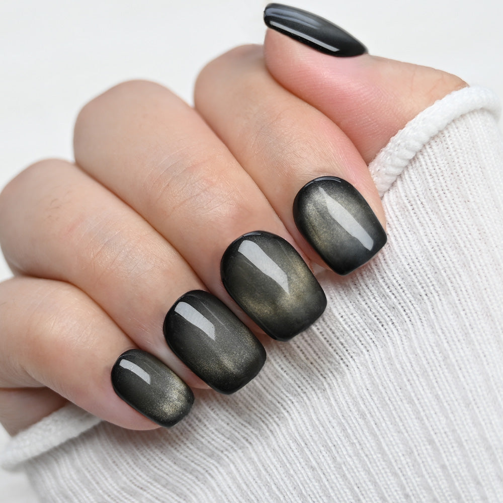 Glossy black gold cat-eye nails, reusable and durable