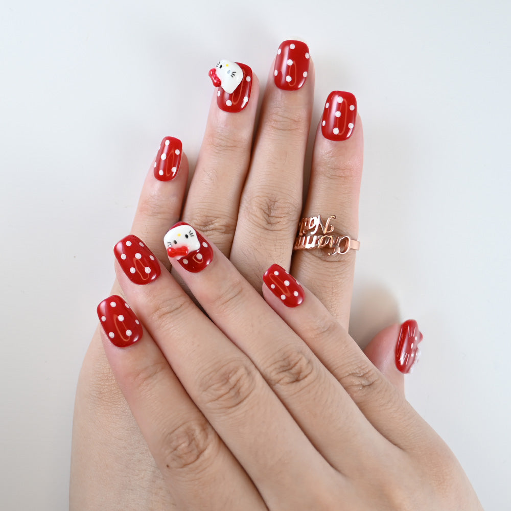 Handmade kawaii press on nails with bow and kitty design