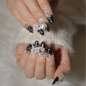 Handmade gothic press-on nails with diamond heart and pearl accents