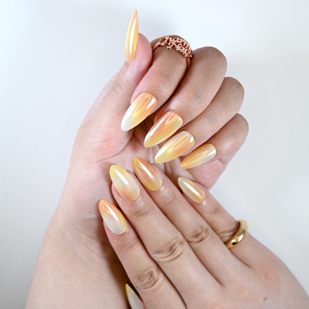 Handmade gradient nails in soft sunshine yellow and pearl white