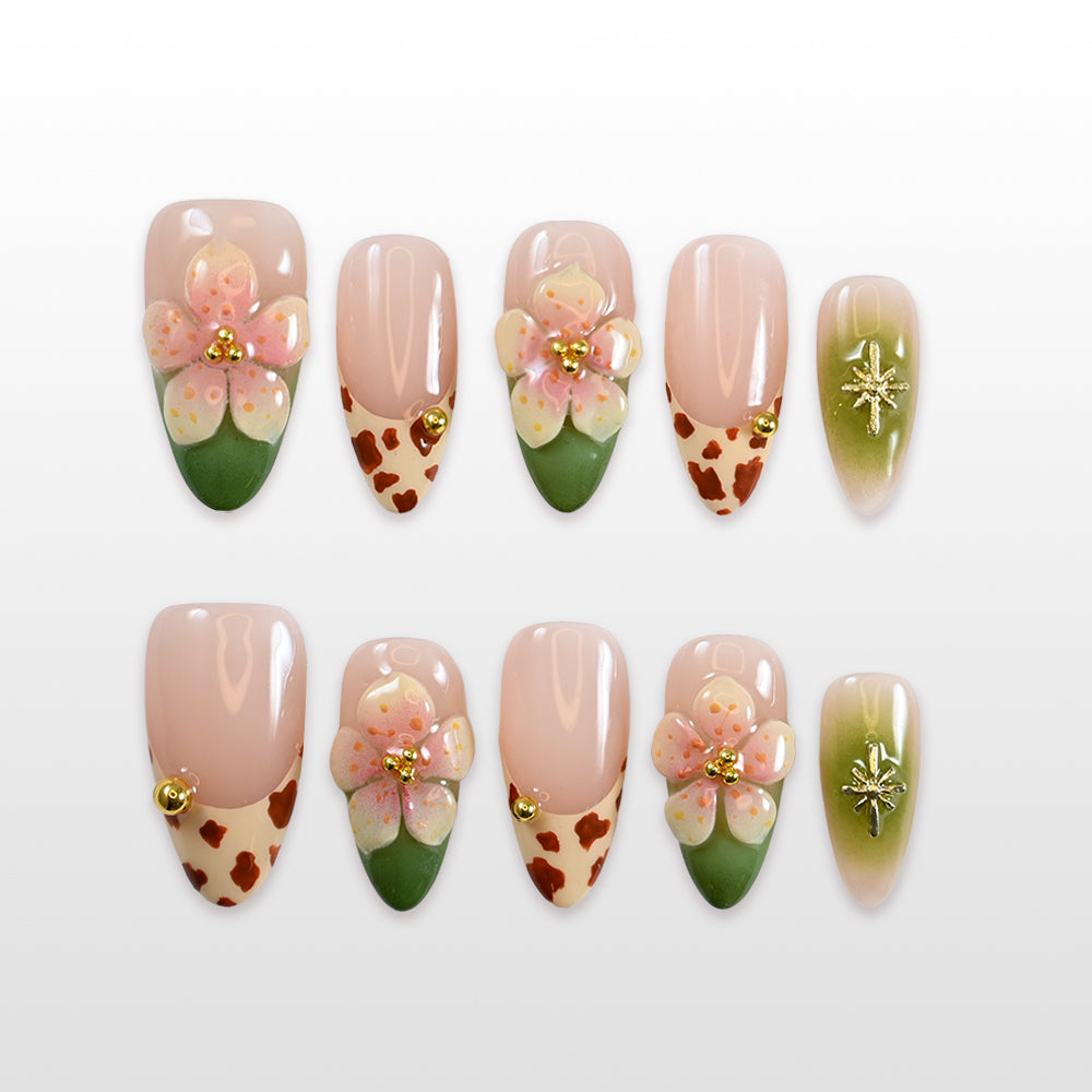  Charmeenail spring press on nails with pastel cow print tips and 3D flower art
