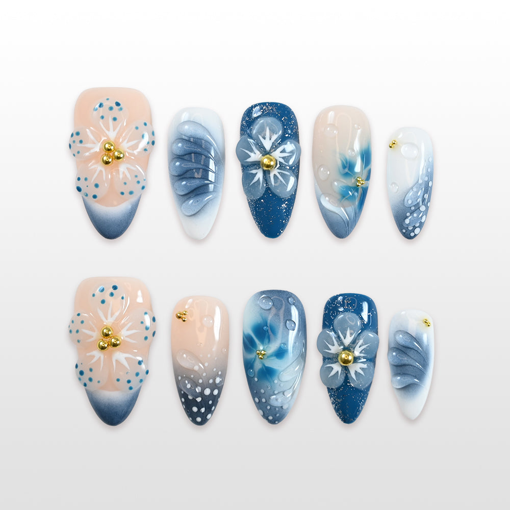 Charmeenail icy ombre press on nail set featuring sculpted flowers and glittery accents