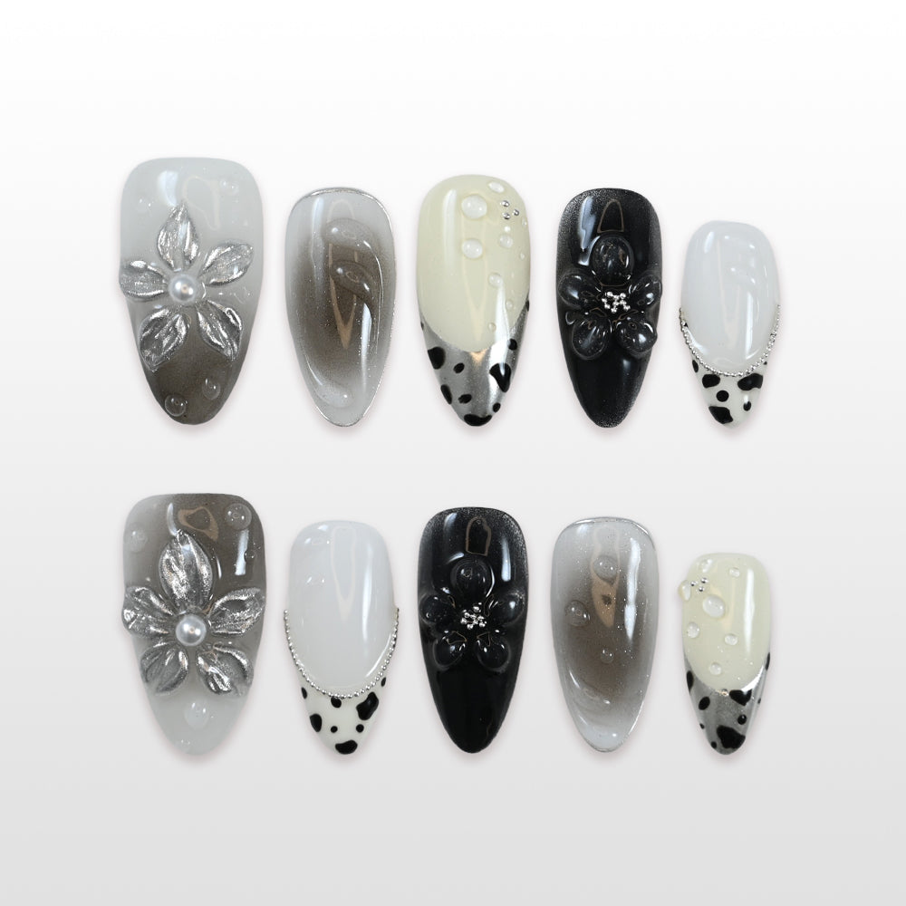  Charmeenail black and white ombre press on nails with matte finish and 3D floral accents