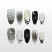  Charmeenail black and white ombre press on nails with matte finish and 3D floral accents