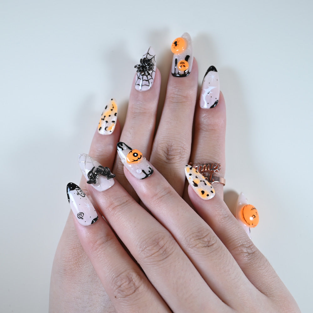 Salon quality Halloween press on nails with 3D pumpkin, bat, ghost and glitter accents